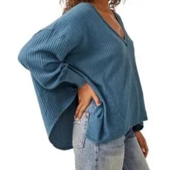 Free People We The Free Coraline Blue Thermal Oversized Pullover Size XS Boho - Picture 2 of 11